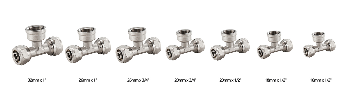 Racor de compresión de latón en T hembra para tubo Al-pex